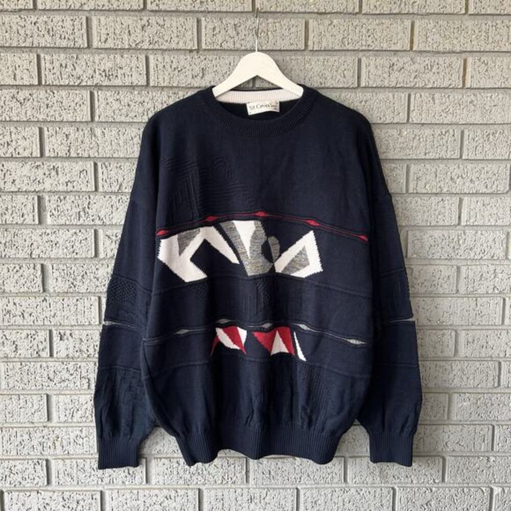 St. Croix Knits Vintage Geometric Intarsia Pattern Sweater size M Grandpa